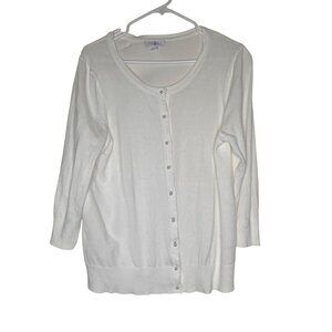 Roz & Ali Womens White Button-Up Cardigan Sweater L Rayon/Nylon Blend 3/4 Sleeve